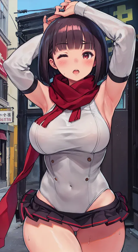 (Perfect body),Best Quality,16 K、((((Short stature))))、((((Lori))))、(white  leotard)、(Red mini skirt)、(White panty)、(((blush)))、:D、One eye is closed、I have my mouth wide open、Blunt bangs、(short-hair)、(((bob cuts))),(Sweat)、((red scarf))、((Big ass))、(((huge...