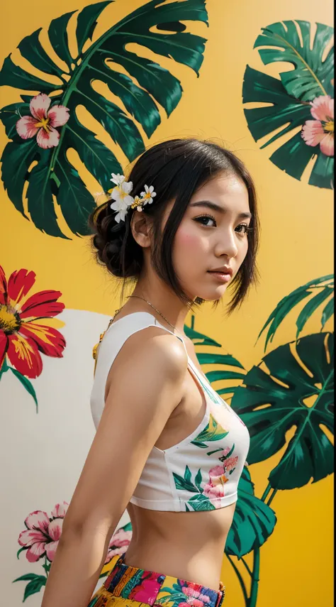 Create digital artwork in pop art, Featuring a bright and confident young asian girl，Street fashion, Movie Color Scheme, Surrounded by vintage floral motifs, Bright brush strokes,Emotions should be dynamic, upper-body, Drawing, illustartion, Grayscale, tro...