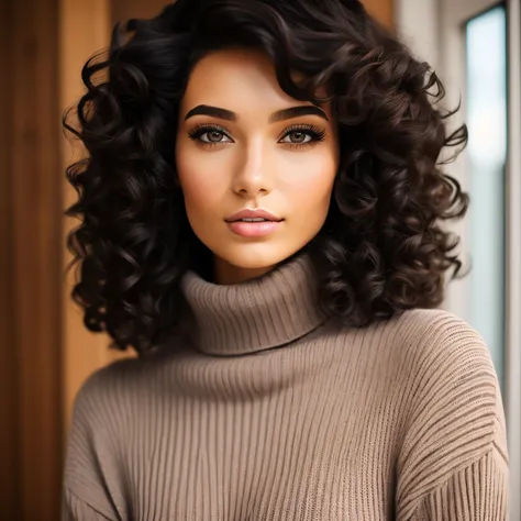 Girl 25 years old, dark short curly hair, fine detaild face, turtleneck longsleeve knitted sweather, brown eyes, long eyelashes