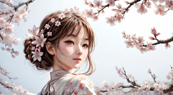 Sakura blossom woman on branch, (detailed face 1.3), (detailed eyes 1.3), (detailed hands 1.3), (detailed feet 1.3), (delicate illustration 1.3), illustration on pure white background (white 1.9), illustration, ink, highly detailed, vector graphic