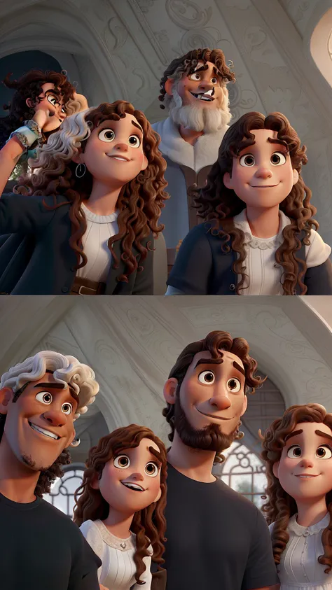 pareja (Dark man with wavy hair and white woman with curly brown hair) Estilo Disney Pixar, Alta calidad, mejor calidad.