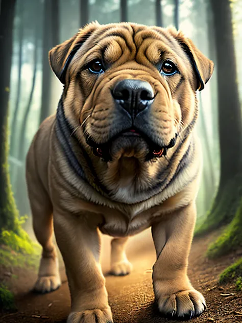 Close-up photo of a happy shar pei, The way they jump in the forest is so cute, soft volumetric lights (Retro Illuminasan: 1.3), (Kinematics: 1.2), intricate detailes (art  stations: 1.3), rutkowski