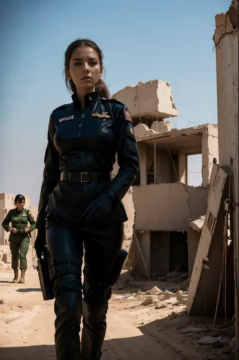 Sexy women in uniform wander around the war zone, contrasting with high-intensity light and shadow, one (surrealism), and the photos taken are more effective. The theme highlights the difficult situation of women in uniform, showing high-resolution (high-d...