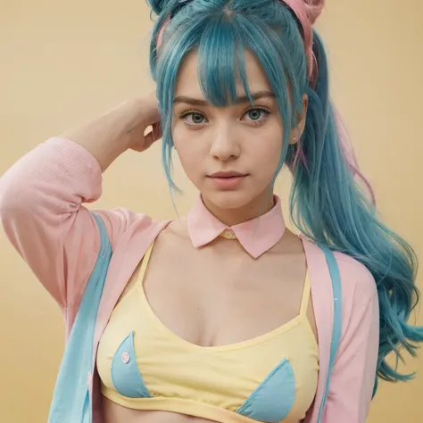 a blue haired cartoon girl with buns, a bang, and some hair left out in the back. a yellow star clip in her hair. she’s wearing a green and pink stripped shirt and the sleeves are also stripped with the same colors. a light tealish blue crop top over it wi...