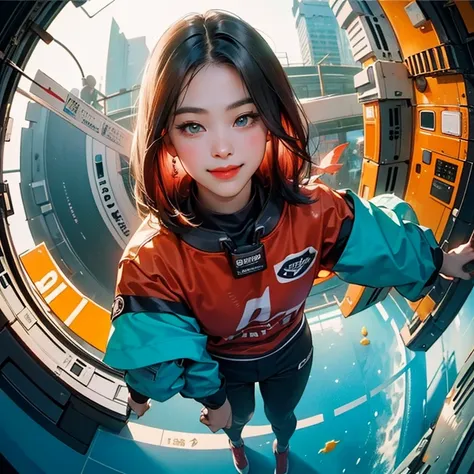 ( Masterpiece, best quality, photography , cinematic lighting, backlit, side light, soft light, bird eye view, 3.6mm lens, depth of field, fisheye:1.3 ), pov from above, ( space station:1.5, extending hand towards viewer overhead ), ryujin, ( narrow face, ...