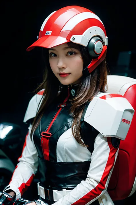 Highest image quality, excellent details, Ultra-high resolution, (fidelity: 1.4), The best illustrations, favor details, Highly condensed 1girl, with a delicate and beautiful face, Dressed in a red and black mecha, Wearing a mecha helmet, holding a directi...