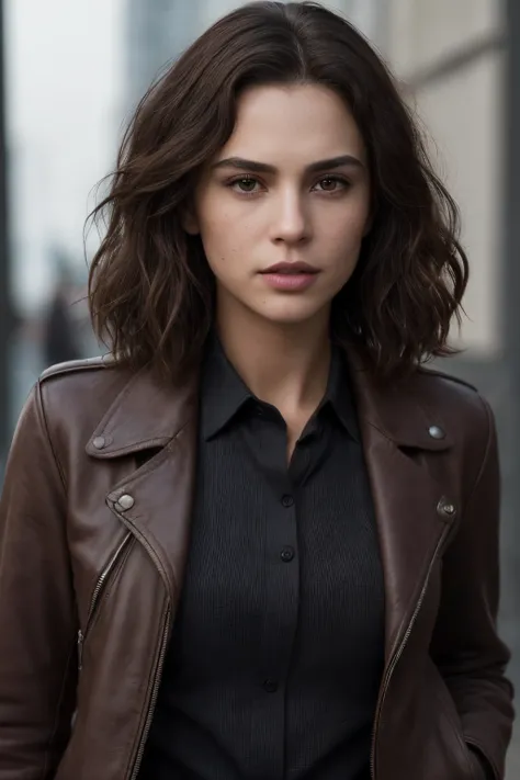 breathtaking cinematic photo of a 30 year old girl with brown hair and eyes, angry, leather jacket, black clothes, black dress s...