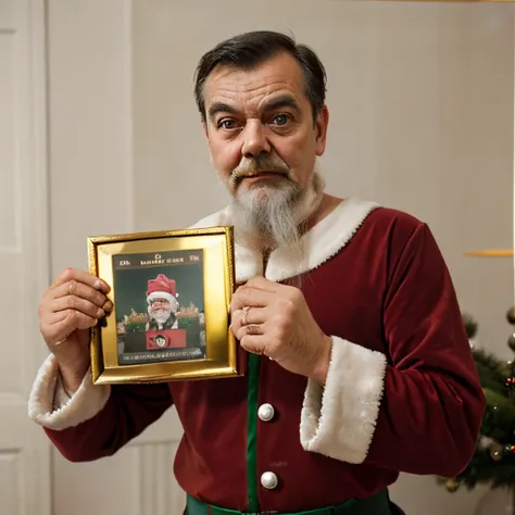 Mr Bean dressed as Santa Clause holding a vintage golden photo frame