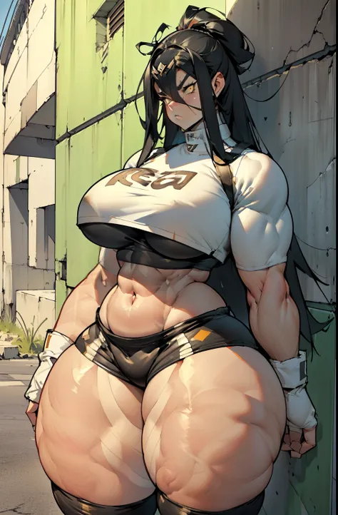 solo, 1 girl, (crop top and bike shorts), very long hair, black hair, angry, yellow eyeuscular))), ((huge tits)), ((((((thick thighs))))))), ((((((wide hips)))))), pale skin, against wall, concrete, ((((huge thighs)))), ((((((muscular giant legs))))), ((((...