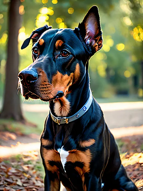 Side photo of a happy Doberman, The way they stop in the park is so cute, soft volumetric lights (Retro Illuminasan: 1.3), (Kinematics: 1.2), intricate detailes (art  stations: 1.3), rutkowski