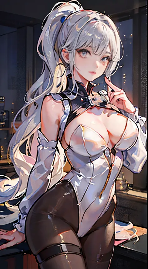 1个Giant Breast Girl！Ray traching，best shadow，A high resolution（dim murky lights）detailedbackground（liveroom）Fluffy silver hair，plump and slender girl，With a high ponytail, avoid golden eyes in the ominous living room（Girl wears a transparent shirt，transpar...