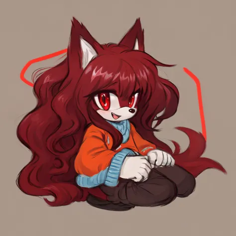 Female, Mobian, Fox, (((child))), (((2D Anime Style))), (solo), (1girl), high quality digital art, red and black neon lines sketch art, black cloudy background, a dark crimson furred female anthropomorphic Fox, has glowing red eyes, (((dark crimson fur))),...