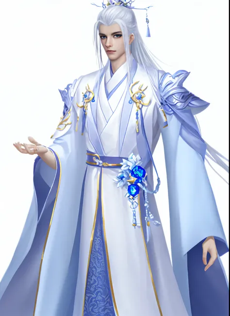 Wallpaper of a man wearing white and blue clothes,sharp look，Eye focus，Overbearing man， heise jinyao, full body xianxia, cotton mist robe, The exquisite prince, Inspired by Bian Shoumin,, Inspired by Huang Shen, Wearing the robes of a Star Mage, skinny mal...