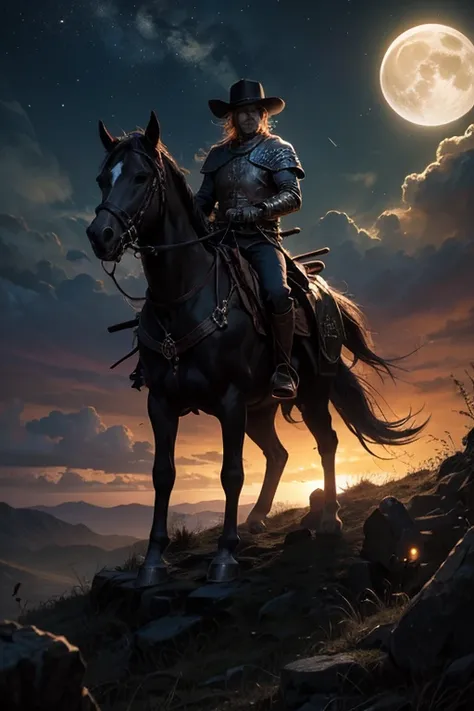 dnd, dark art, fantasy, posse of warrior riderrs on horses, riding towards a big medieval castle on a hill, rugged landscape, sun dusk lightning, stars in the sky, moon and moonlight, filmischer Hintergrund, (Meisterwerk:1.2), hight resolution