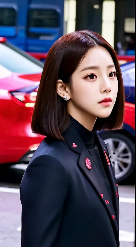 Jisoo do BLACKPINK tirando uma foto no espelho vestida de policial com seus cabelos loiros