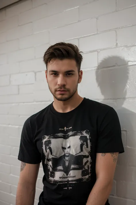 ((best quality)), ((masterpiece)), (detailed), photo of a edgy male t-shirt model wearing a black t-shirt, buzzed haircut, beard brickwall background