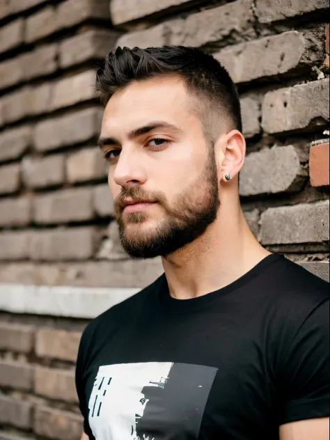 ((best quality)), ((masterpiece)), (detailed), photo of a edgy male t-shirt model wearing a solid black t-shirt, buzzed haircut, beard brickwall background