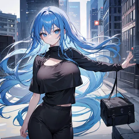 1 girl, long blue hair, blue eyes, big chest, thick thighs, wearing black top, black sweatpants, city, absurdres, high res, ultrasharp, 8k, masterpiece, looking at viewer