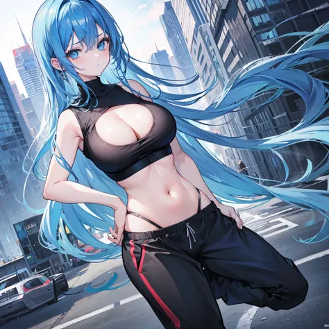 1 girl, long blue hair, blue eyes, big chest, thick thighs, wearing black top, black sweatpants, city, absurdres, high res, ultrasharp, 8k, masterpiece, looking at viewer