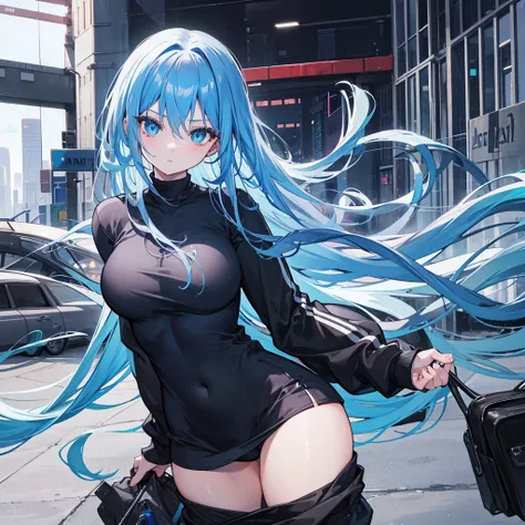 1 girl, long blue hair, blue eyes, big chest, thick thighs, wearing black top, black sweatpants, city, absurdres, high res, ultrasharp, 8k, masterpiece, looking at viewer