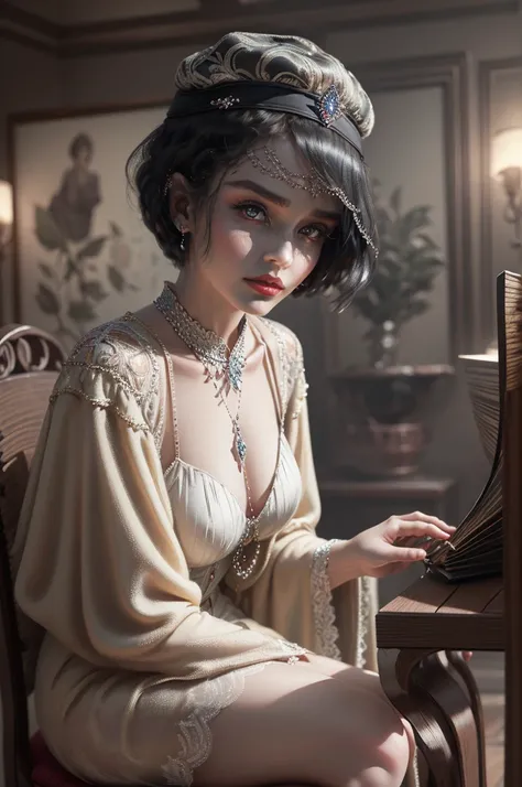 (Masterpiece - Ultra-Detailed, High Resolution) Prepare to be enchanted by a true masterpiece that combines ultra-detailed art with high-resolution rendering. This work shows a mesmerizing woman, short hair, 1920s style, wearing a beret, (1.3) and captivat...