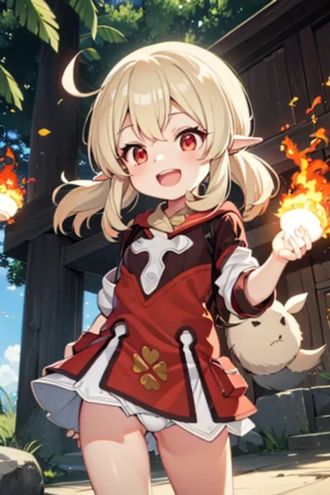 red bikini, loli, outside, open mouth, smiling, daylight, short, small, pointy ears, blonde hair, dodoco, fire, explosion