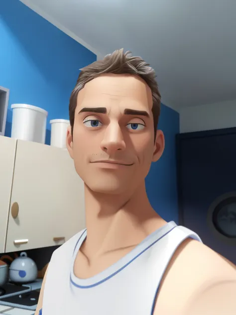 there is a man standing in a kitchen with a blue wall,  2 8 anos,, foto selfie ,  imagem frontal,Desenho animado da Disney Pixar .