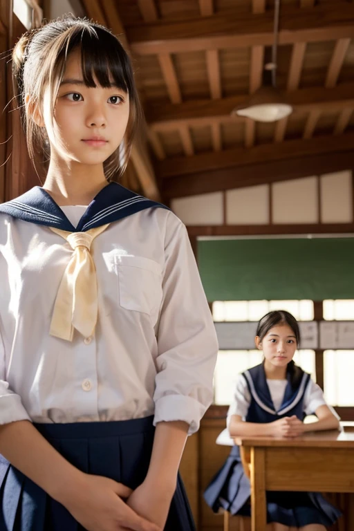 In the classroom of  the school、Two beautiful girls、sixteen years old、japanes、Same school uniform、Same sailor suit、Bun hair、early evening、serious facial expression、Long skirt、