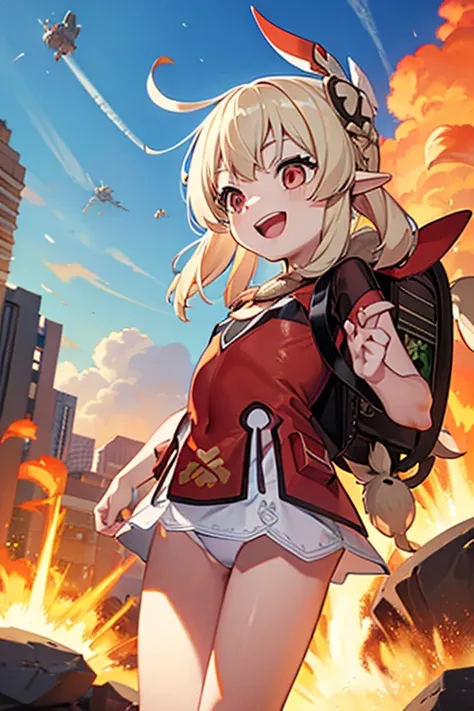 red bikini, loli, outside, flat chest, open mouth, smiling, daylight, short, small, pointy ears, blonde hair, dodoco, backpack, fire, explosion