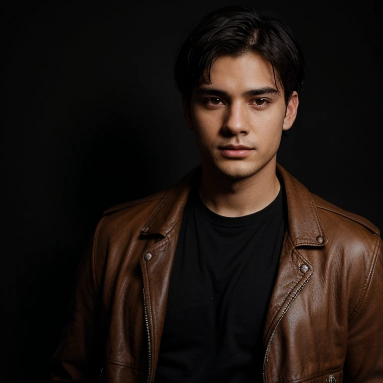 A 24 years old man with black short hair and eye, a Brown leather jacket and a black background