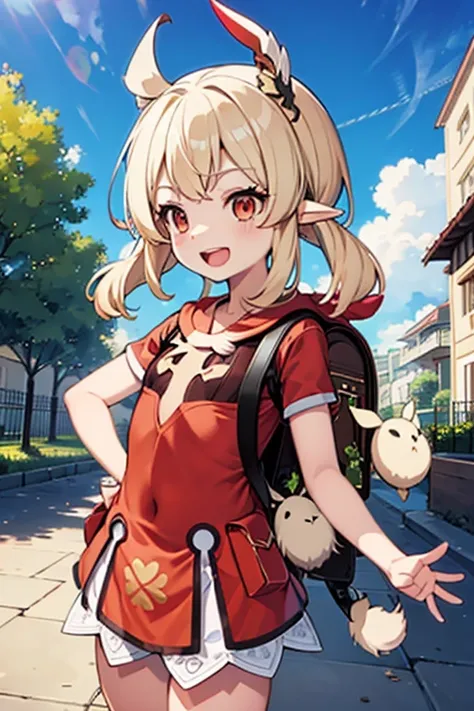 red bikini, loli, outside, flat chest, open mouth, smiling, daylight, short, small, pointy ears, blonde hair, dodoco, brown backpack, fire, explosion, skirted bottom, full cut top