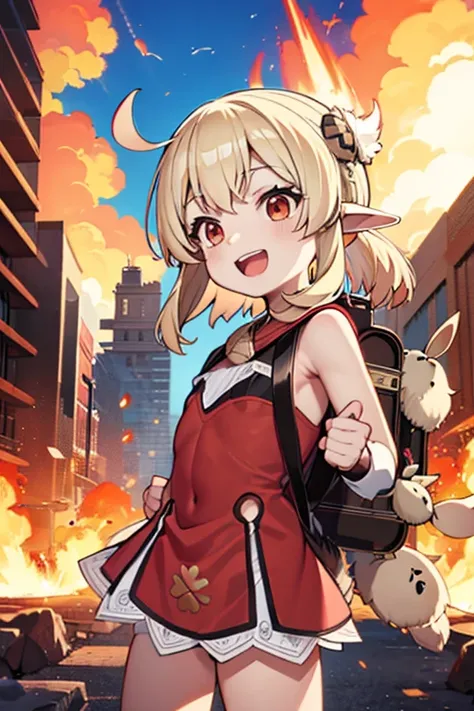 red bikini, loli, outside, flat chest, open mouth, smiling, daylight, short, small, pointy ears, blonde hair, dodoco, brown backpack, fire, explosion, skirted bottom, full cut top