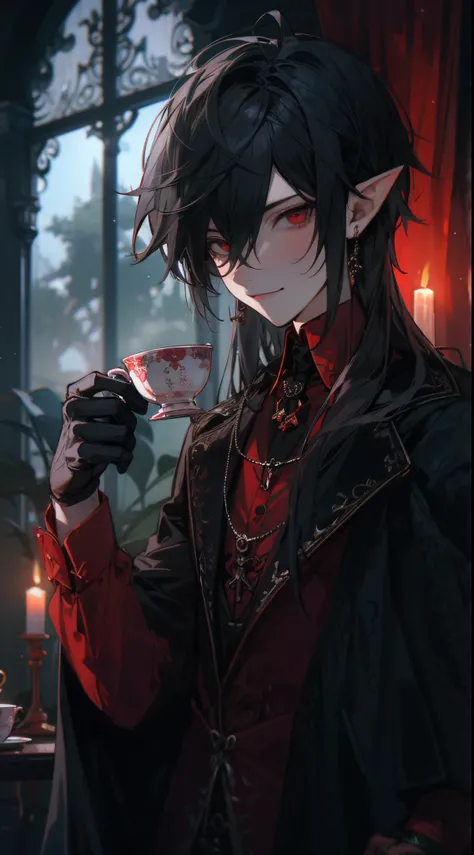 **Natural Lighting - Night time, Beautiful young man, dark hair, red eyes, pointed ears, Dracula costume, crimson tea in a teacup, teatime at night, Evil smile, background is a room in a gothic mansion,high quality, amount of drawing, pixiv illustration, J...