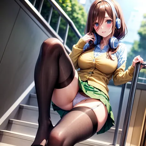 Schoolgirl with brown hair、Green skirt、light blue cardigan、(Blue headphones)、Semi-long hair、black sheer stockings、lowfers、、(white panty)、(Climbing stairs)