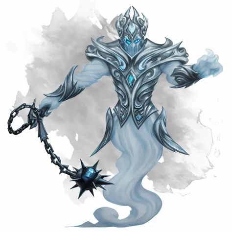 a drawing of a blue and black iceman with a chain,  mage,  crystal armor, lich vecna (d&d),  lord, sliver  color reflected armor,  sorceress, lich king, frost giant, clothed in ethereal armor, the lich king, clothed in ethereal battle armor, luminous water...