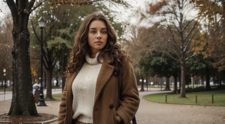 (hyper-realistic:1.2) brown curly hair woman, casual photo from distance, casual pose, straight into the camera, walking in the park, in the winter, soft lighting highlighiting womans atributes, brown coat, black trousers, brown boots, zoom focused on woms...