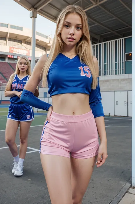 a beautiful basketball fan girl, wearing blue basketball outfit, blonde hairs, standing infront of basketball stadium, realistic photography, hazel eyes, pink lips