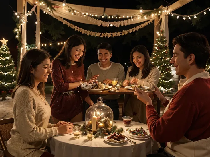 On Christmas Eve 2024, a warm family gathers around the festively decorated table, compartiendo risas, exchanging gifts and savoring traditional dishes while the twinkling lights of the tree create a cozy atmosphere.