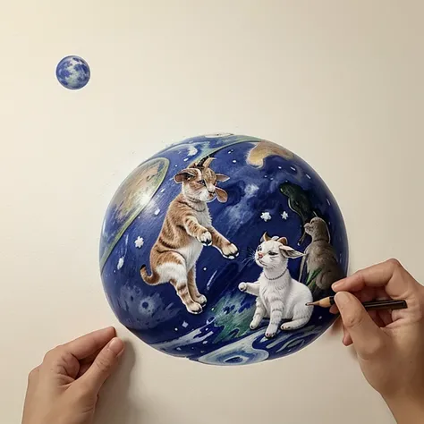 Draw a planet of goats and 2 little cats