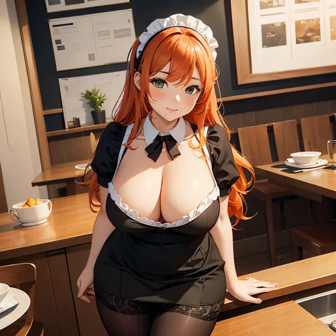 /draw ai_generated curvy_female curvy_figure The average cup size female_only huge_breasts looking_で_viewer +maid solo_Female Solo_focus stable_diffusion waitress orange_hair green_Eyes lift up skirt showing legs in black panties in pantyhose