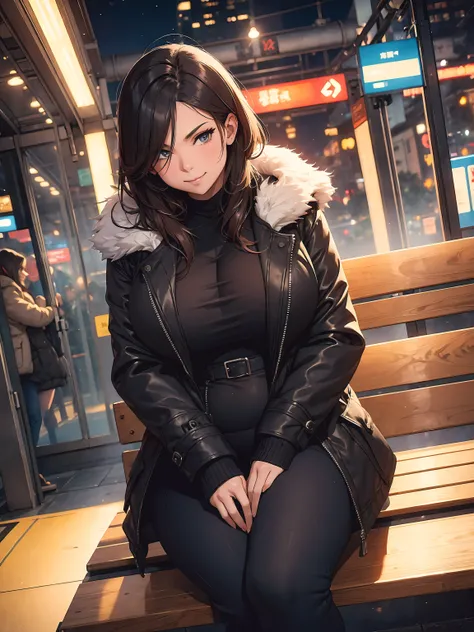 Winter, night, voluptuous woman with a curvy body, wearing a open winter coat, tight pants, sitting on a bench in a underground train station, lustful smirk, bokeh, depth of field, shot from above,