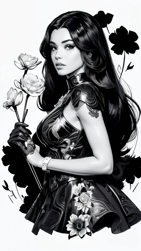 Black and white stick figure 1 black girl with flowers,  flowers in background, leather in dress with flowers, its fine ink line art, comic style, portrait of  black girl, Marilyn Munroe, long black hair, Hollywood glam, beautiful line art, black and white...