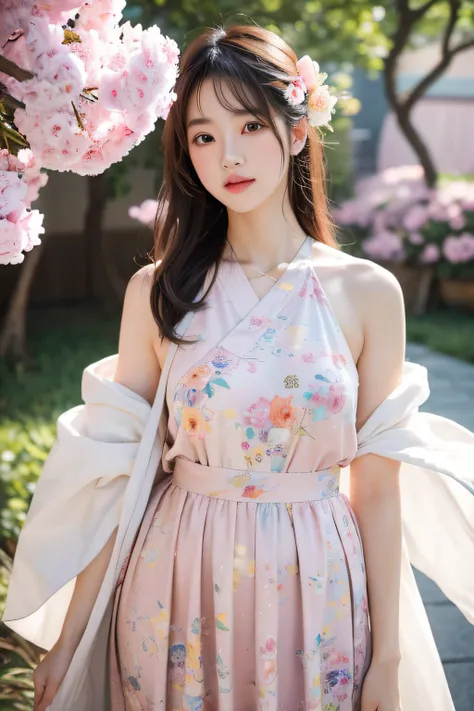 dried flower、Japan Beautiful Girls。Produces high-quality female images with an innovative artistic atmosphere that stands out in pastel colors。She has her own fashion style、Dressed in glamorous and soft pastel costumes。Against the background of a fantastic...