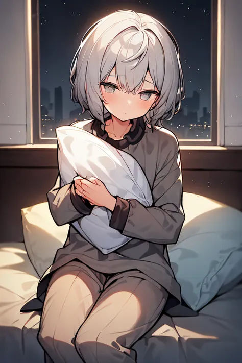 solo, sitting, dynamic angle, grey hair, short hair, night, starry sky, dark, sleepy, want to sleep, baggy long sleeved shirt, a...