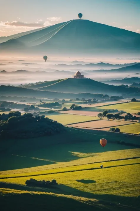 "(best quality, sumo), estado: wooden hot air balloon, throne in the center of a large village square (em uma colina com vista para o campo, cores certas, paisagem pitoresca, peaceful, sereno, early morning, Surrealista, Ethereal, sol suave, nuvens brilhan...