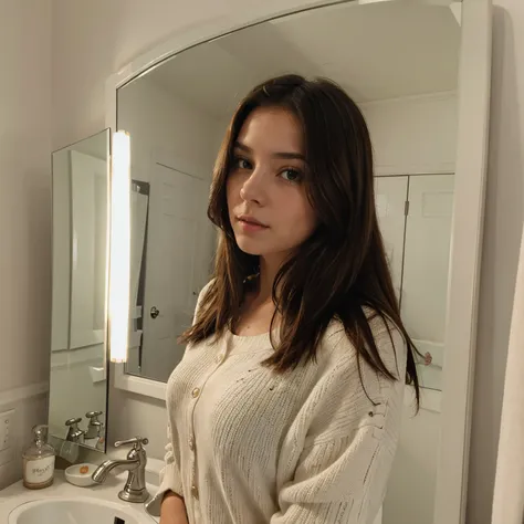 brunette girl in front of the mirror with flash