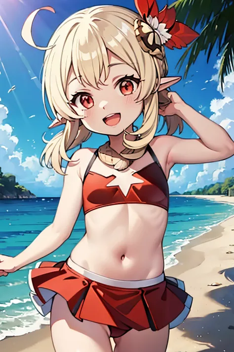 red two-piece swimsuit, loli, outside, open mouth, smiling, daylight, short, small, pointy ears, blonde hair, dodoco, fire