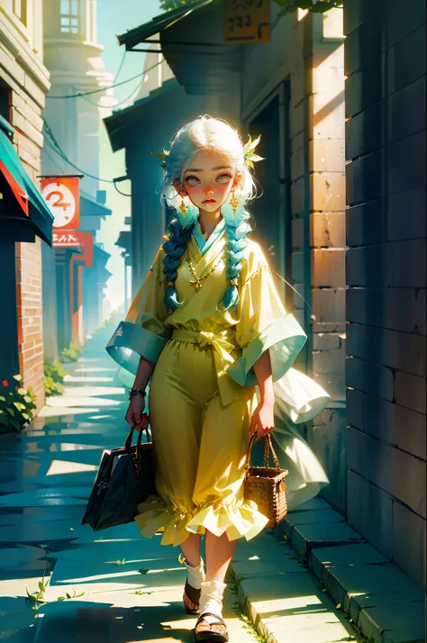 artistic style by hayao miyazaki, child with a braid and white hair, a yellow snake with wings around him, empty city scene, yellowish lighting --auto --s2