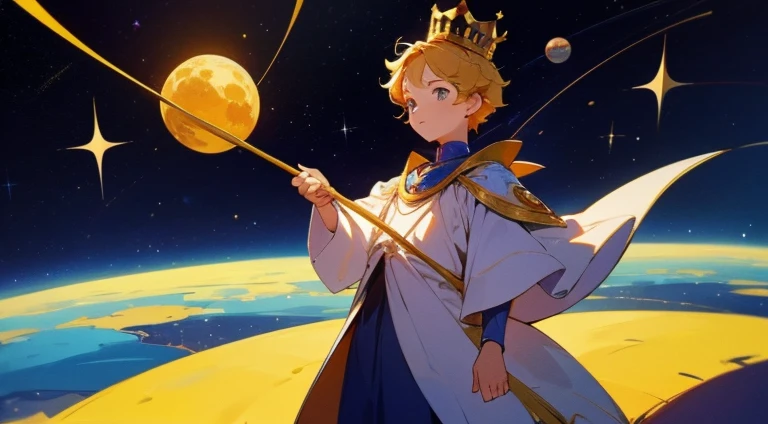 Obra de arte, Little Prince, com a raposa, menino loiro, crown on her head, space background, arte linda, arte viva, mundo amplo, prince