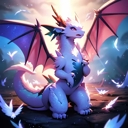 single dragon with a white dragon, a rainbow going down its neck chest stomach, and tail, iridescent dragon, with fluff at the tip of the tail, soft delicate draconic features, a small dragon, a phoenix dragon, a mythical creature, a newly hatched dragon, ...